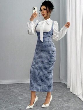 Cream Tie-Neck Blouse with Blue Patterned Midi Pinafore Dress (NEVER WORN)